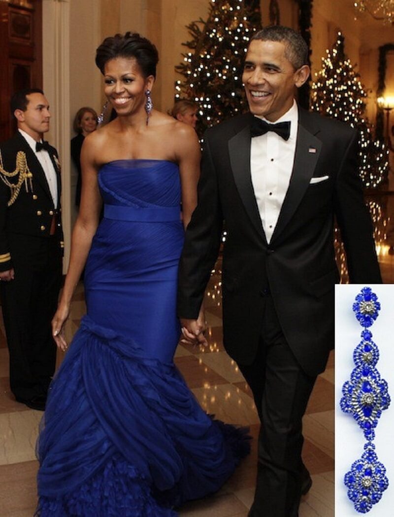 Michelle Obama wearing Miguel Ases Swarovski Earrings