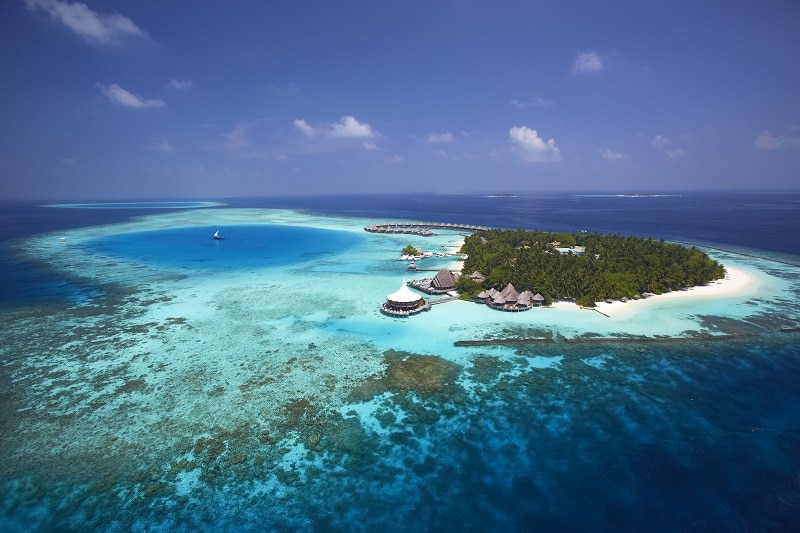 Aerial view over one of the Maldives Resorts
