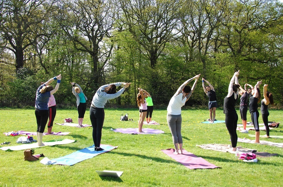 group of people doing yoga in the park
